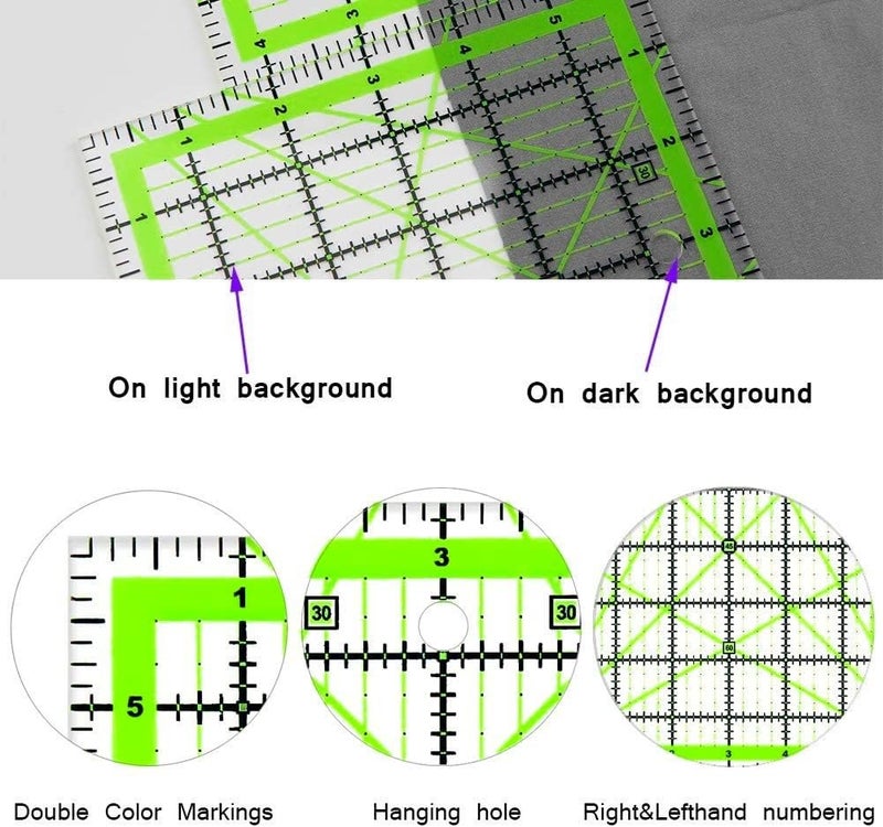 ZICALSO Quilting Rulers,7 Acrylic Ruler Quilting Templates(4.5"X4.5", 6"X6", 9.5"X9.5", 12.5"X12.5",6.5"x12",2"x12",3"x9"),Acrylic Rulers Fabric Cutting Ruler with Non-Slip Rings for Quilting and Sewing - Image 3